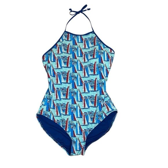 Vineyard Vines Sailboat Print Halter Swimsuit, Small - Picture 1 of 10